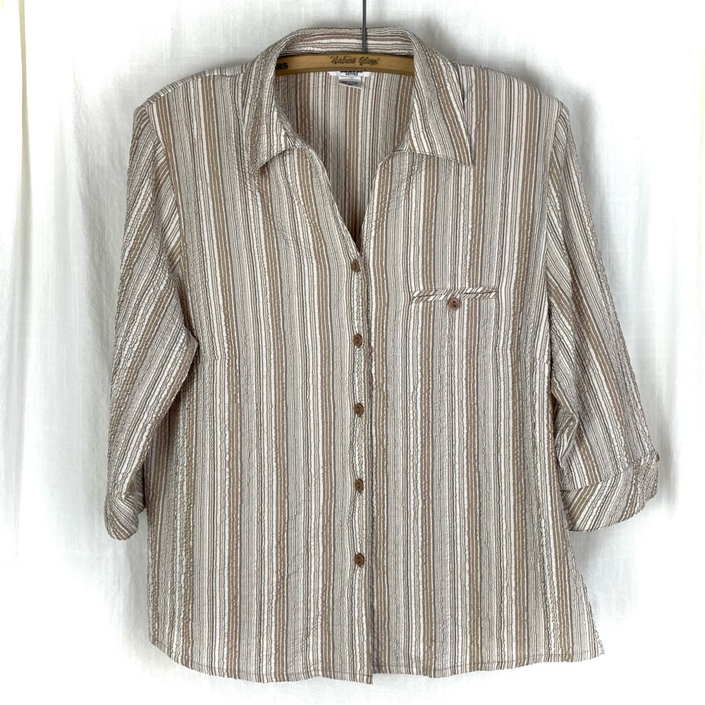 Vintage Blouse Top Cover Up by ALIA cream brown stripes crinkle button down